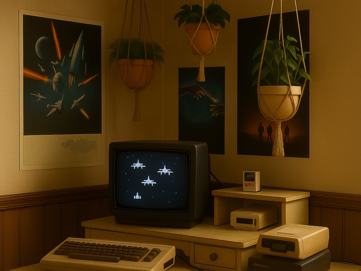 Image of a room from the 1980's with an old-styled desk with a small TV acting as a computer monitor for a Commodore 64 on the desk. 80's posters are on the wall.