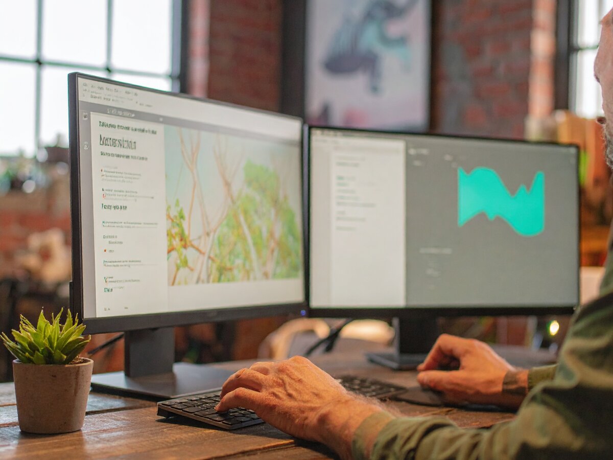 Image of a man at the computer looking a website and audit scores on two monitors.