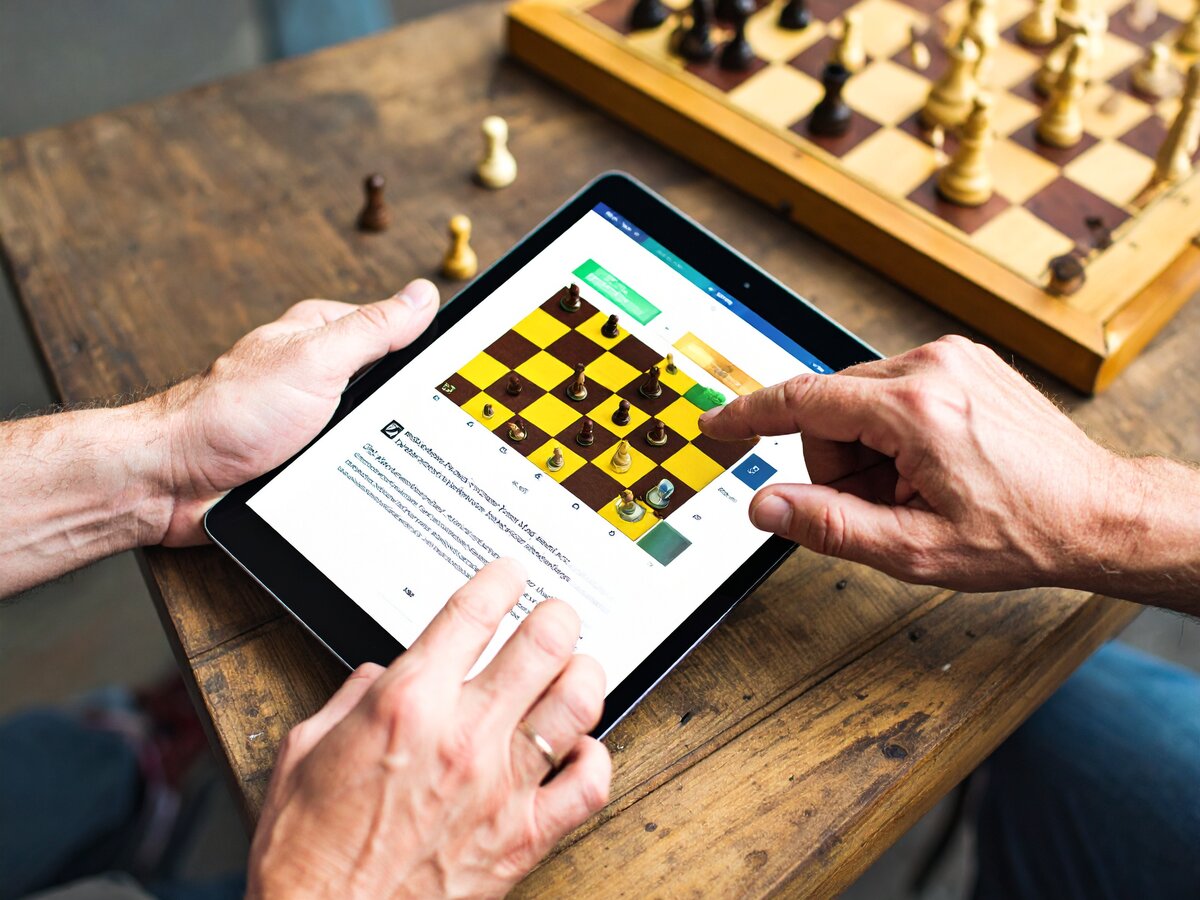 Image of two people (hands only) interacting with a chess app on a tablet.